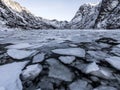 Winter on a lake during Lofoten islands winter. Snow and ice melting Royalty Free Stock Photo