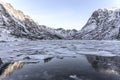 Winter landscape on a lake during Lofoten winter. Snow and ice melting Royalty Free Stock Photo