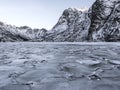 Winter landscape on a lake during Lofoten winter. Snow and ice melting Royalty Free Stock Photo