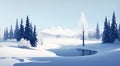 Winter landscape with a lake on a plain, snow-covered trees and mountains in the distance in sunny weather, AI generation Royalty Free Stock Photo