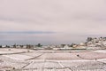 Winter landscape of Lavaux vineyards under snow and lake Geneva