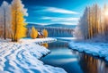 A winter landscape with a little red house on the bank of the river