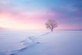 Winter landscape with lonely tree on frozen landscape