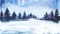 Winter landscape. Lush spruce forest, snowy field. Hand drawn watercolor illustration