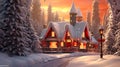 Winter landscape in the middle of the house covered with snow. Sunset. Xmas tree as a symbol of Christmas of the birth of the