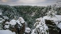 Winter landscape of mountain, bridge in the rock with forest in winter from the Bastei bridge in Elbe Sandstone Mountains, saxon s