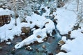 Winter landscape of a mountain river, the water slowly flows down the river bed between snow-covered stones Royalty Free Stock Photo