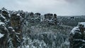 Winter landscape of mountain with rocks and forest in winter from Bastei bridge in Elbe Sandstone Mountains, saxon switzerland nat Royalty Free Stock Photo