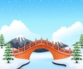 Winter landscape with mountain and small stone bridge over river Royalty Free Stock Photo