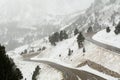 Winter landscape of mountain winding road in Pyrenees