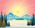 Winter landscape - mountains, forest, sunset and sun Royalty Free Stock Photo