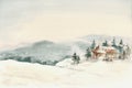 Winter landscape mountains hut with spruce snow