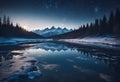 A winter landscape mountains and silhouettes of trees on the starry sky .Pink ice reflections Royalty Free Stock Photo
