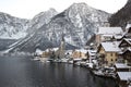 Winter landscape with mountains and small town Hallstatt and famous Church, Austria