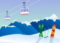 Winter landscape with mountains, snow, skis and snowboard. Accessories for winter holidays. Vector.