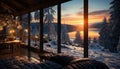 Winter landscape mountains, snow, sunset, window, forest generated by AI