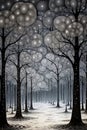 Winter landscape, mystical forest in minimalistic graphic style. Monochrome vertical illustration