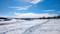 Winter landscape of nature. The river Oka froze and covered with snow. In nature in winter Russia. Clear blue sky with Royalty Free Stock Photo