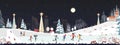 Winter landscape at night, Christmas and new year celebrated in the city,Vector of horizontal banner winter wonderland in the town Royalty Free Stock Photo