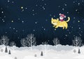 Winter landscape, night forest, new year 2020, mouse with cat, template for design