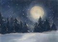 Winter landscape at night illustration oil painting style