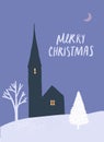 Winter landscape with old church silhouette, Christmas card vector design, night scene Royalty Free Stock Photo