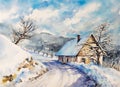 Winter landscape with house watercolors painted Royalty Free Stock Photo