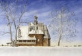 Winter landscape with old wooden church