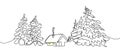 Winter landscape one line art. Continuous line drawing of new year holidays, christmas, house, snow, trees, snowy