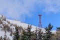 Winter landscape over Carpathian Mountains. Panorama of snow mountain range landscape with blue sky, white clouds, firs in front Royalty Free Stock Photo