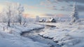 Winter Landscape Painting In The Style Of Mike Campau