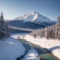 a winter landscape panorama of snow peaks and a river.