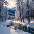 a winter landscape panorama of snow peaks and a river.