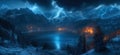 winter landscape panorama with thunderstorms and lightning in night sky in nature over lake with mountains Royalty Free Stock Photo