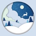 Winter landscape paper cut deer and pine trees in the snow With a beautiful moon.