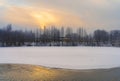 Winter landscape with partly frozen lake in Finland Royalty Free Stock Photo