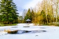 Winter landscape a partly frozen pond in Campbell Valley Park Royalty Free Stock Photo