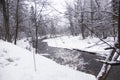 winter landscape, peaceful changeable landscape of forest and river. Winter river in snow forest landscape view Royalty Free Stock Photo