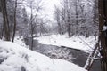 winter landscape, peaceful changeable landscape of forest and river. Winter river in snow forest landscape view Royalty Free Stock Photo