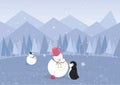 Winter landscape with penguin and cute snowman (ve