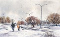 Winter landscape. People walking in the city park