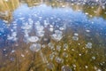 Winter landscape photography, air bubbles froze in the water. Fancy drawing