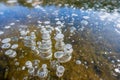 Winter landscape photography, air bubbles froze in the water. Fancy drawing