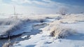 Winter Landscape Picture: Snowy Creek And Grass In Prairiecore Style