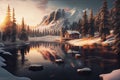 Winter landscape with pine forest, scenic sky at sunset lake mountains background,