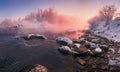 Winter Landscape In Pink Tones: Frosty Morning, River Blurred Water,Stones In Frazil And Sun In Fog.Belarus Landscape With Snowy T