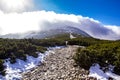 Winter landscape in Polish mountain. People hiking in the distance