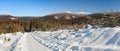 Winter landscape in the Polish mountains of the Sudetes, a sunny day on a snow-covered trail in the mountains with a panorama Royalty Free Stock Photo