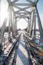 Winter landscape with railroad bridge over frozen river, snow-covered trees Royalty Free Stock Photo