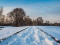 Winter landscape with railroad rails, Novosibirsk, Russia Royalty Free Stock Photo